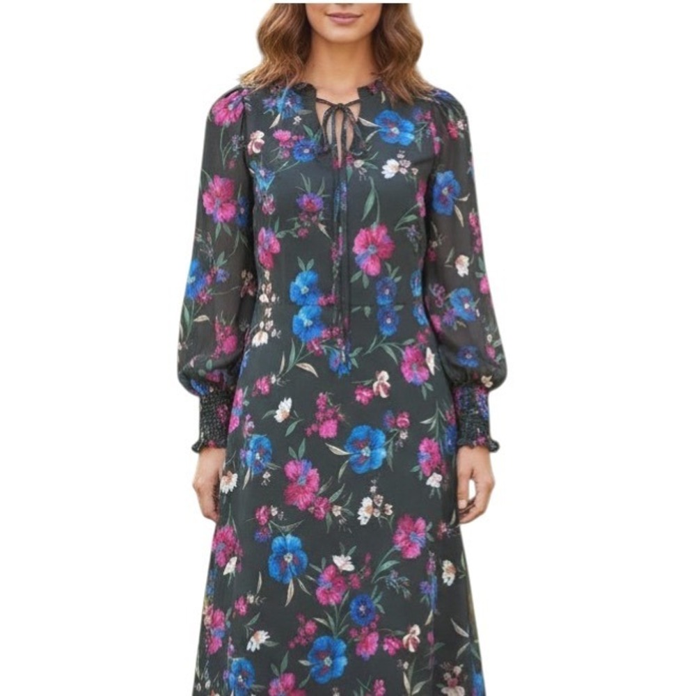 CALVIN KLEIN Green FLORAL Crepe Chiffon SMOCKED DETAIL Boho MAXI SHIFT DRESS 6